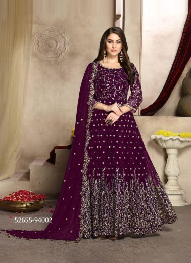 Dark Purple Georgette Embroidered Floor-Length Readymade Salwar Kameez