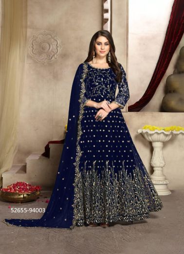 Blue Georgette Embroidered Floor-Length Readymade Salwar Kameez