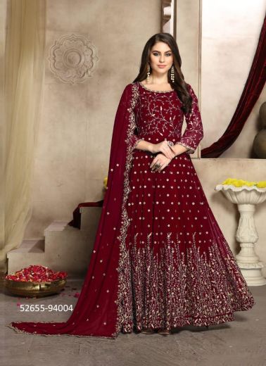 Maroon Georgette Embroidered Floor-Length Readymade Salwar Kameez