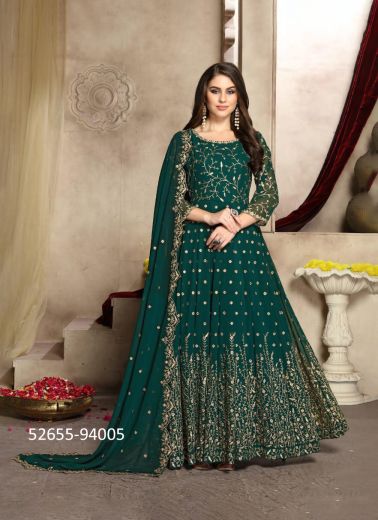 Teal Green Georgette Embroidered Floor-Length Readymade Salwar Kameez