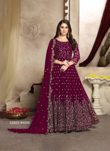 Purple Georgette Embroidered Floor-Length Readymade Salwar Kameez