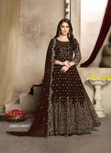 Dark Brown Georgette Embroidered Floor-Length Readymade Salwar Kameez