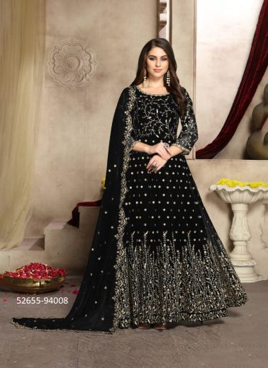 Black Georgette Embroidered Floor-Length Readymade Salwar Kameez