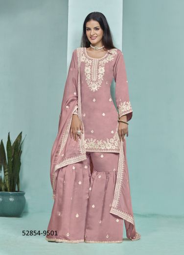 Light Mauve Roman Silk Thread-Work Festive-Wear Gharara-Bottom Readymade Salwar Kameez