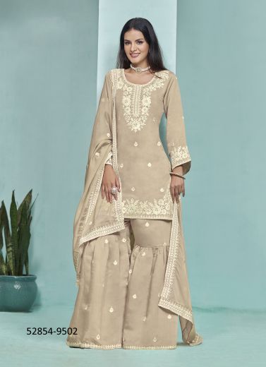 Beige Roman Silk Thread-Work Festive-Wear Gharara-Bottom Readymade Salwar Kameez