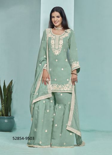 Light Teal Blue Roman Silk Thread-Work Festive-Wear Gharara-Bottom Readymade Salwar Kameez