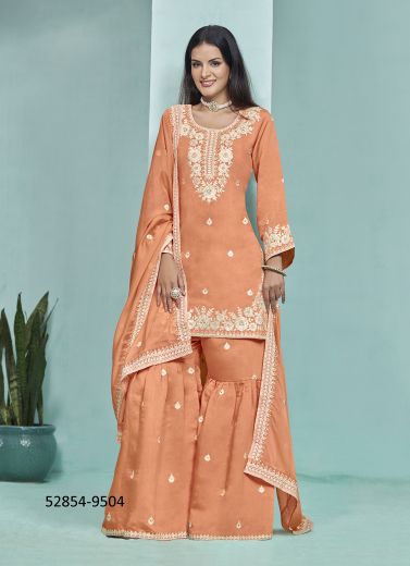 Salmon Roman Silk Thread-Work Festive-Wear Gharara-Bottom Readymade Salwar Kameez