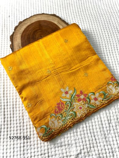 Orange Tusser Silk Embroidery & Thread-Work Party-Wear Saree