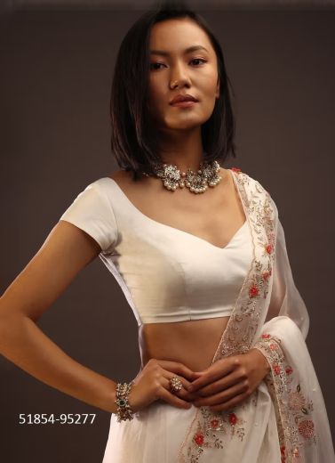 White Raw Silk Half Sleeve Readymade Blouse With Sweetheart Neckline