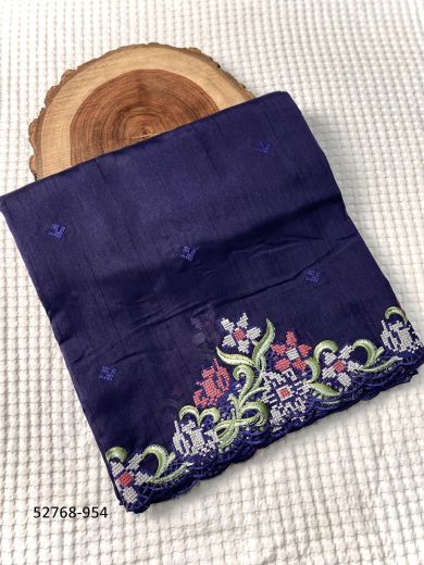 Navy Blue Tusser Silk Embroidery & Thread-Work Party-Wear Saree