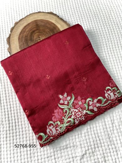 Wine Red Tusser Silk Embroidery & Thread-Work Party-Wear Saree