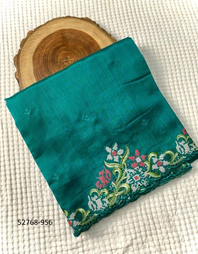 Teal Blue Tusser Silk Embroidery & Thread-Work Party-Wear Saree