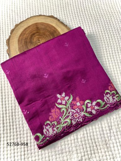 Purple Tusser Silk Embroidery & Thread-Work Party-Wear Saree