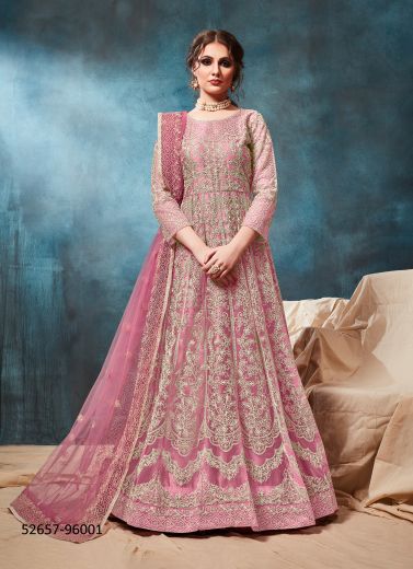 Pink Net Embroidered Festive-Wear Floor-Length Readymade Salwar Kameez