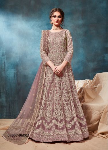 Mauve Net Embroidered Festive-Wear Floor-Length Readymade Salwar Kameez