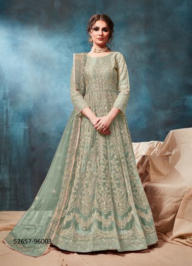 Sage Green Net Embroidered Festive-Wear Floor-Length Readymade Salwar Kameez