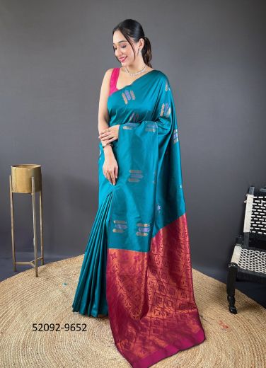 Teal Blue Silk Woven Jari Silk Saree For Traditional / Religious Occasions