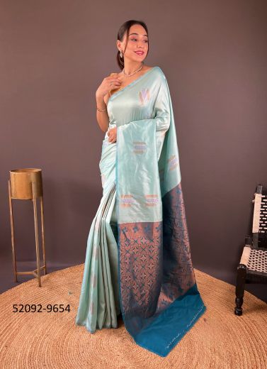 Light Sky Blue Silk Woven Jari Silk Saree For Traditional / Religious Occasions