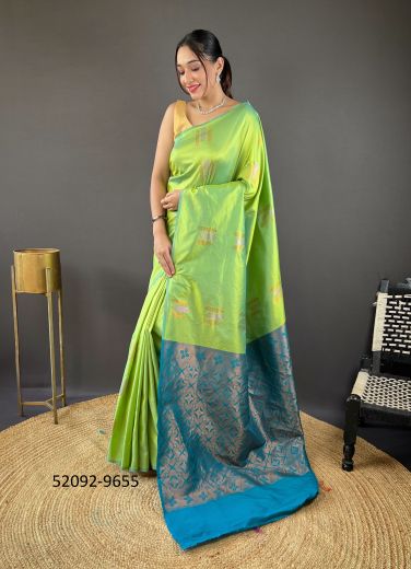 Light Green Silk Woven Jari Silk Saree For Traditional / Religious Occasions