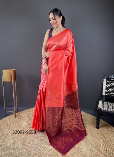 Red Silk Woven Jari Silk Saree For Traditional / Religious Occasions