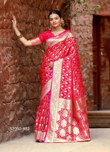 Magenta Woven Banarasi Satin Silk Saree For Traditional / Religious Occasions