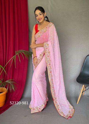 Pink Georgette Thread & Sequins-Work Festive-Wear Saree