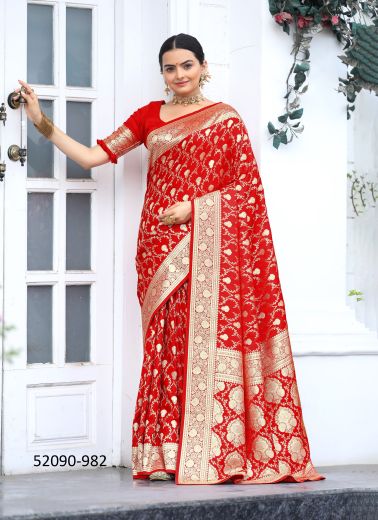 Red Woven Banarasi Satin Silk Saree For Traditional / Religious Occasions