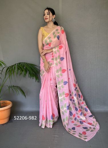 Pink Linen Cotton Floral Digitally Printed Festive Print Saree