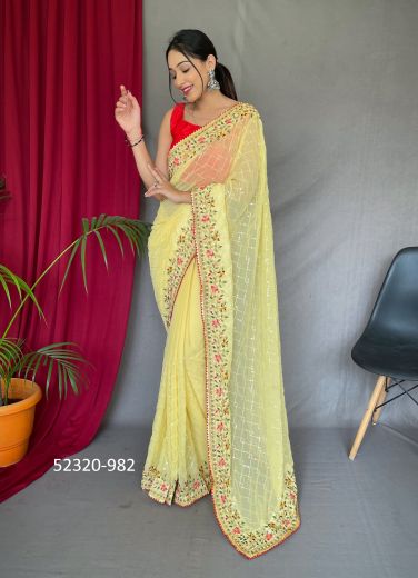 Yellow Georgette Thread & Sequins-Work Festive-Wear Saree