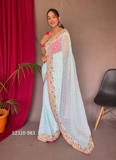 Light Blue Georgette Thread & Sequins-Work Festive-Wear Saree