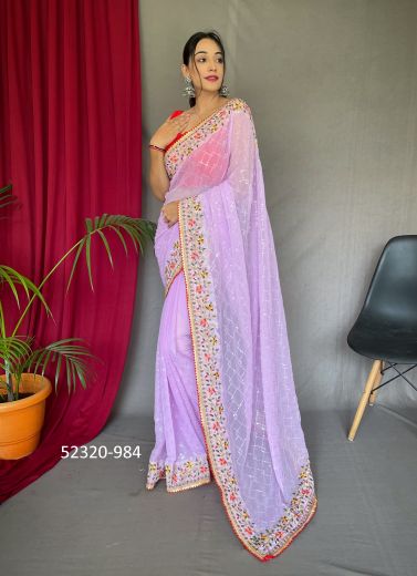 Lilac Georgette Thread & Sequins-Work Festive-Wear Saree