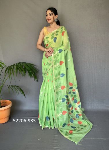 Light Green Linen Cotton Floral Digitally Printed Festive Print Saree