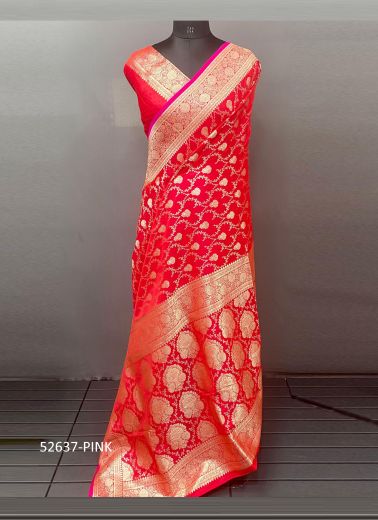 Pink Woven Banarasi Satin Silk Saree For Traditional / Religious Occasions