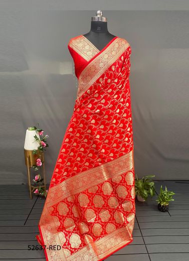 Red Woven Banarasi Satin Silk Saree For Traditional / Religious Occasions