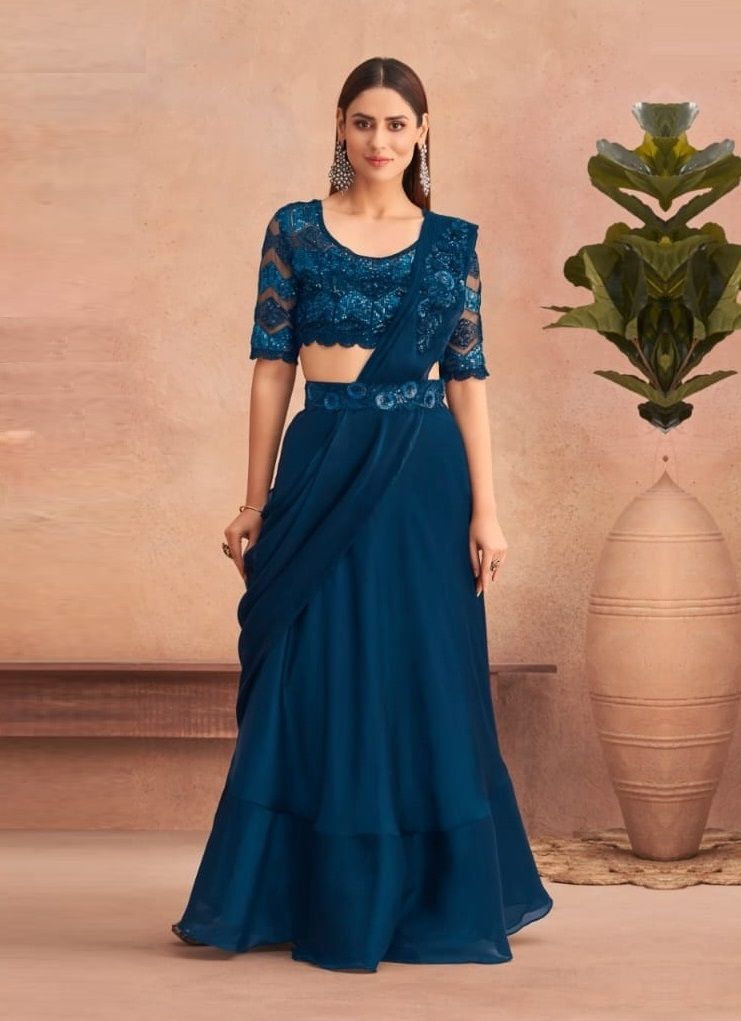 Buy Blue Net Embroidery Sequin Leaf Neck Tiered Lehenga Saree With Blouse  For Women by House of Tushaom Online at Aza Fashions.