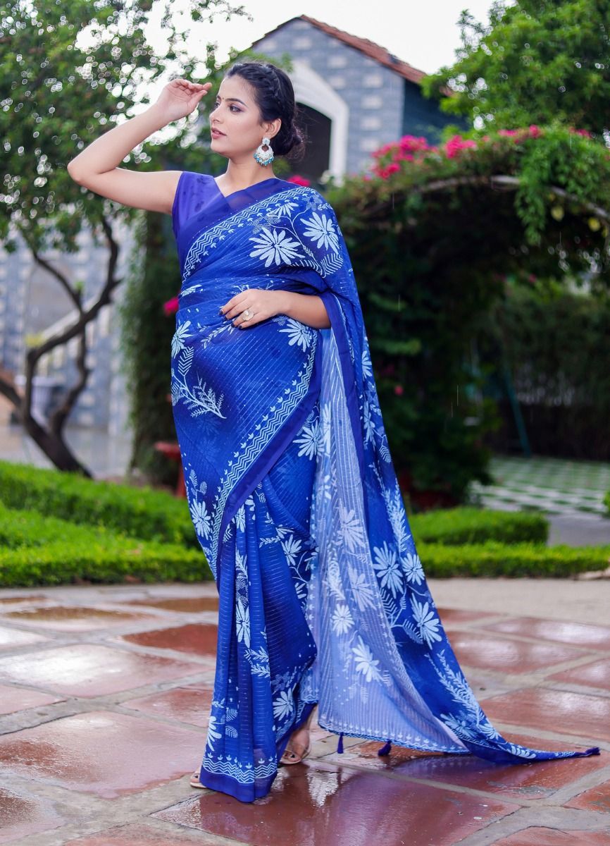 Blue Faux Georgette Sequins Chikankari Saree Party Wear